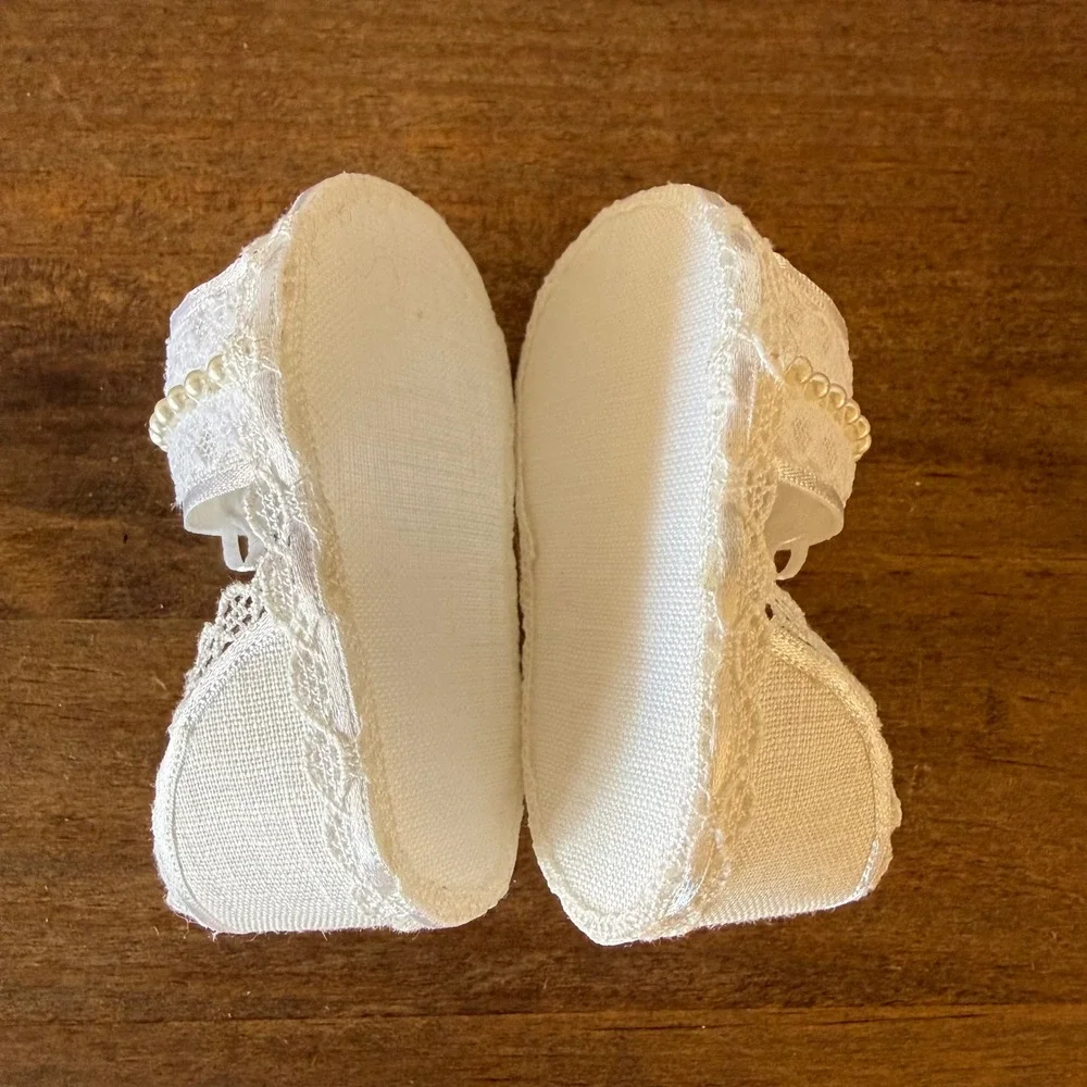 Baby Christening Baptism Shoes Headband Set White Lace Pearl Newborn Doll